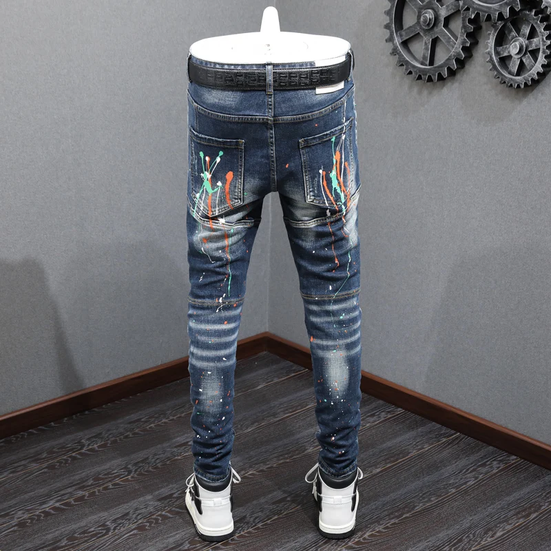 Street Fashion Men Jeans Retro Blue Elastic Spliced Vintage Designer Slim Ripped Jeans Men Painted Hip Hop Denim Pants Hombre