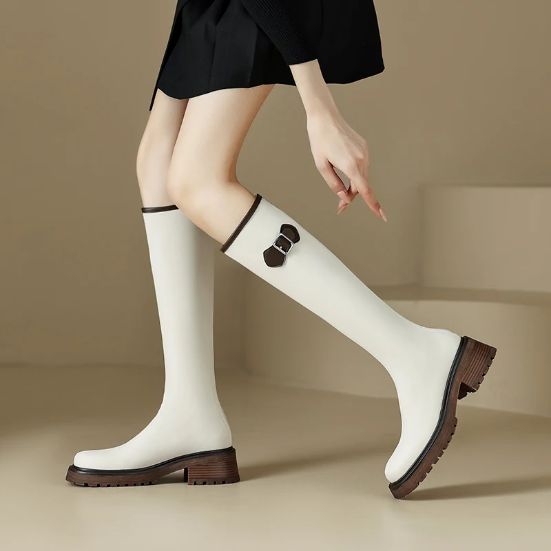 

Fashion Women Knee High Boots Buckle Long Boots Autumn Winter Genuine Leather Thick Heels Platforms Shoes Woman