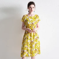 silk dress 100 mulberry silk womens dress loose printing high end brand waist closing slim long skirt yellow color