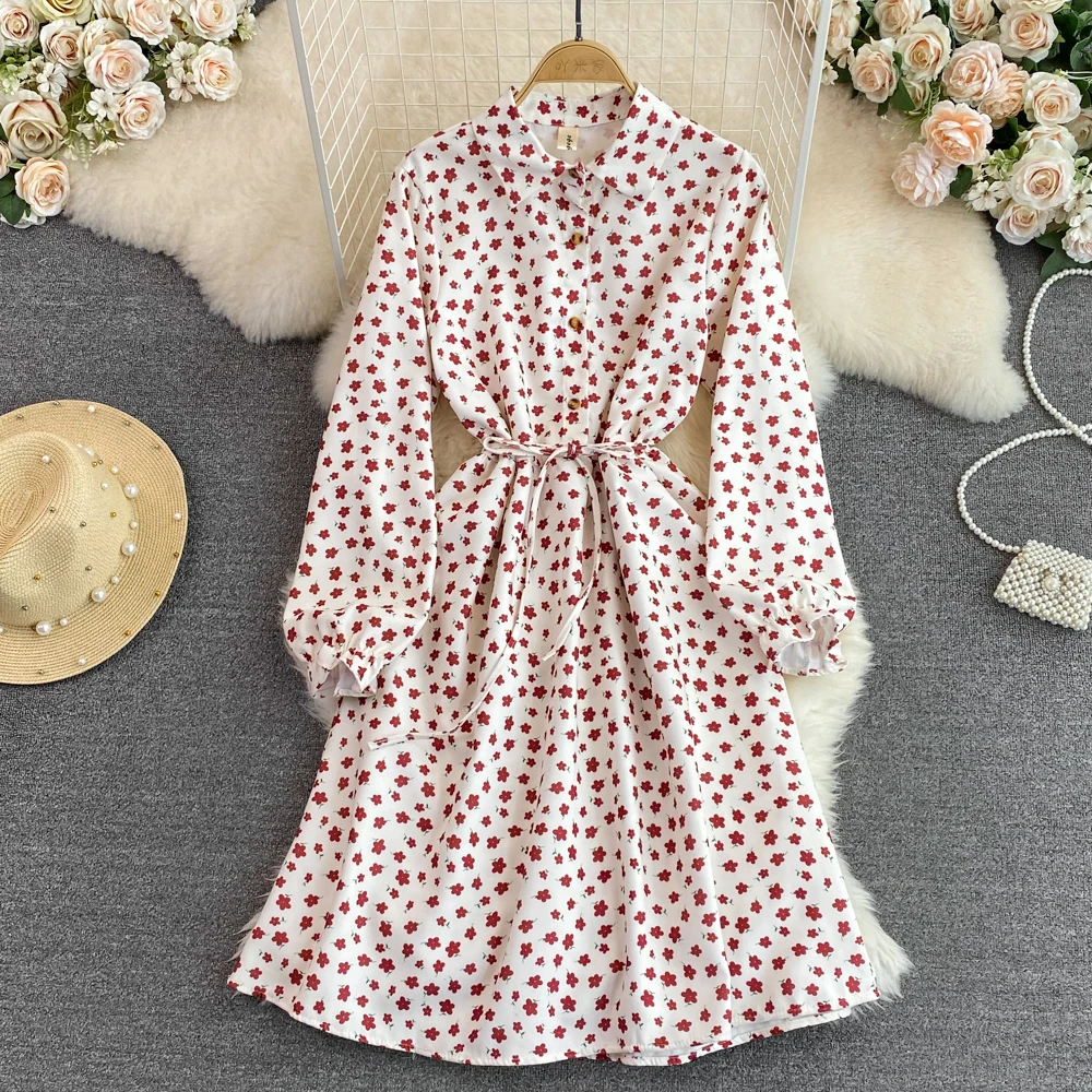 

Осенне-зимнее небольшое свежее вельветовое платье в Корейском стиле с длинными рукавами, отложным воротником, поясом и принтом