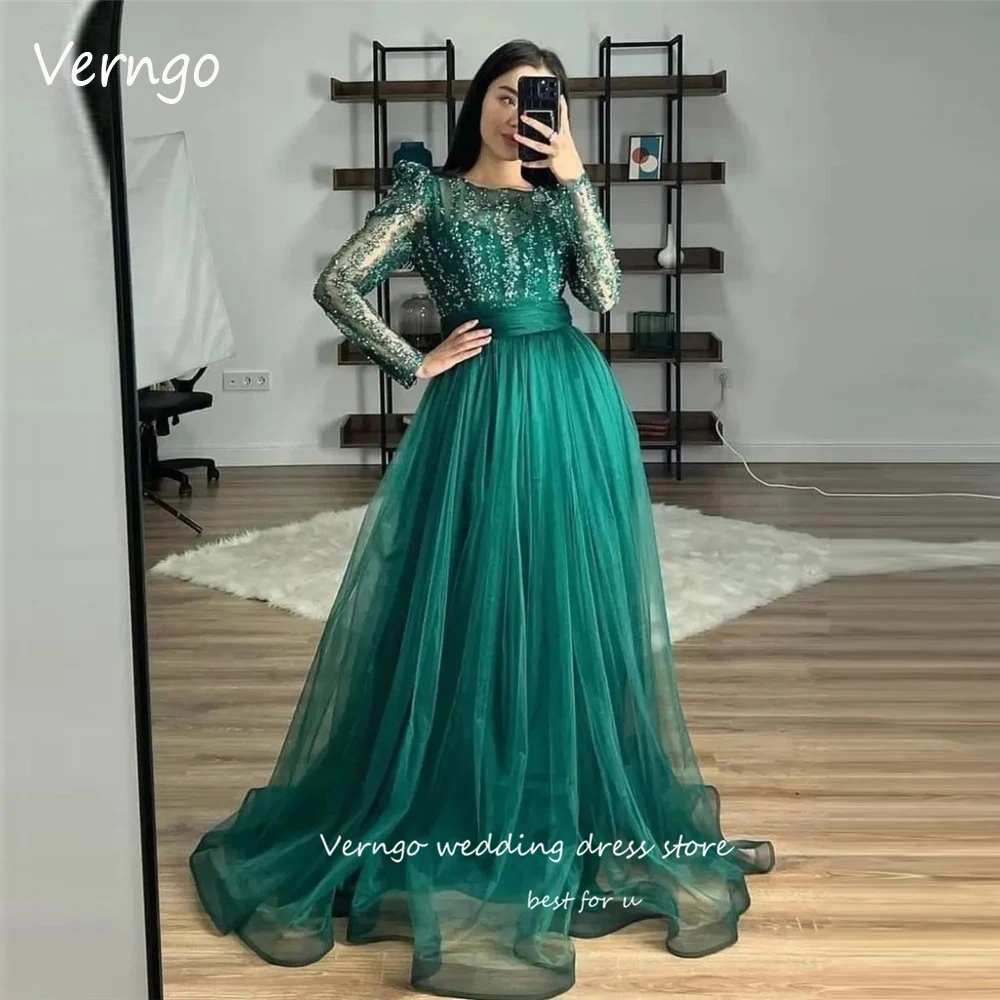 

Verngo Sparkly Green A Line Tulle Prom Dresses Long Sleeves Sequin Lace Evening Gowns Dubai Arabic Women Party Occasion Dress
