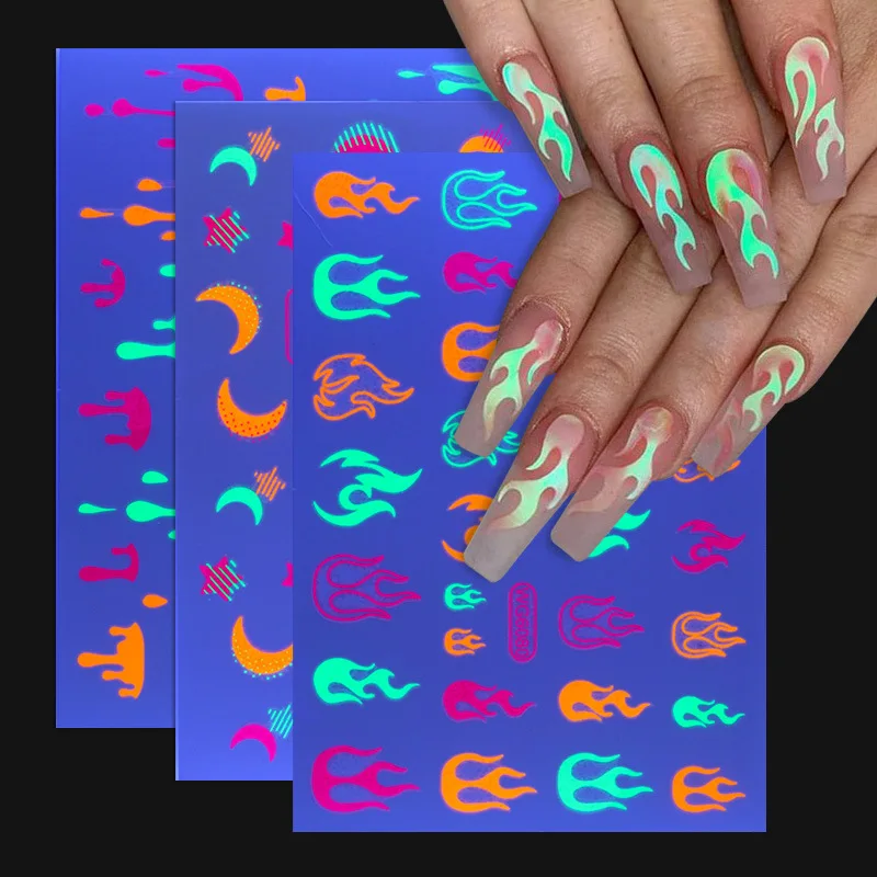 

2022 New Fluorescent Stickers Flame Snakeskin Nail Stickers European and American Hot Models Luminous Bounce Nail Decoration