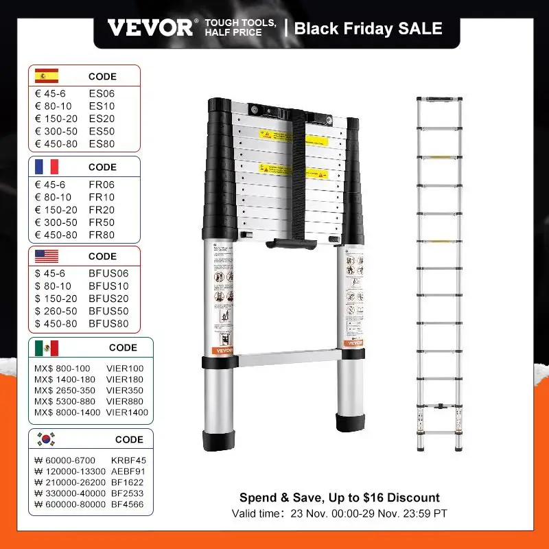 VEVOR Telescoping Ladder 12.5 FT Aluminum One-Button Retraction Collapsible Extension 375 LBS Capacity w/Non-Slip for Home RV 1 VEVOR Telescoping Ladder 12.5 FT Aluminum One-Button Retraction Collapsible Extension 375 LBS Capacity w/Non-Slip for Home RV 1