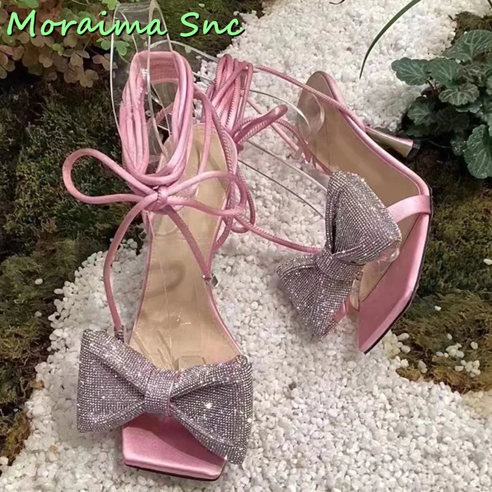 Bling Butterfly Knot Square Toe Sandals Lace Up Ankle Strap Stiletto High Heel Women Shoes Summer 2023 New Arrivals Pink Solid