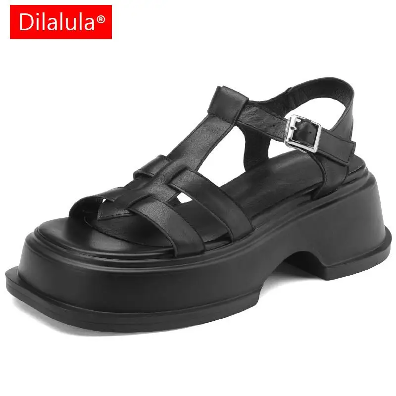 

Dilalula Women Sandals Summer Retro Style T-Strap Genuine Leather Platforms Casual Working Thick Heels Shoes Woman New Arrival