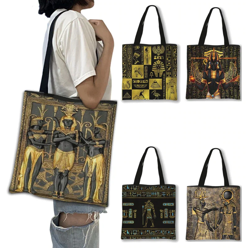 

Egypt Pharaoh Anubis Shoulder Tote Bag Girls Shopper Bags Egyptian Hieroglyphs and Symbols Print Shopping Bag Women Handbag