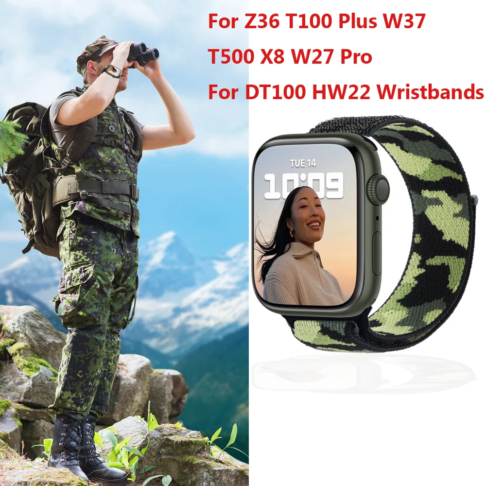 

NEW Camo Nylon Solo Loop Watch Strap For IWO Series 6 7 Smart Watch Z36 T100 Plus W37 T500 X8 W27 Pro For DT100 HW22 Wristbands