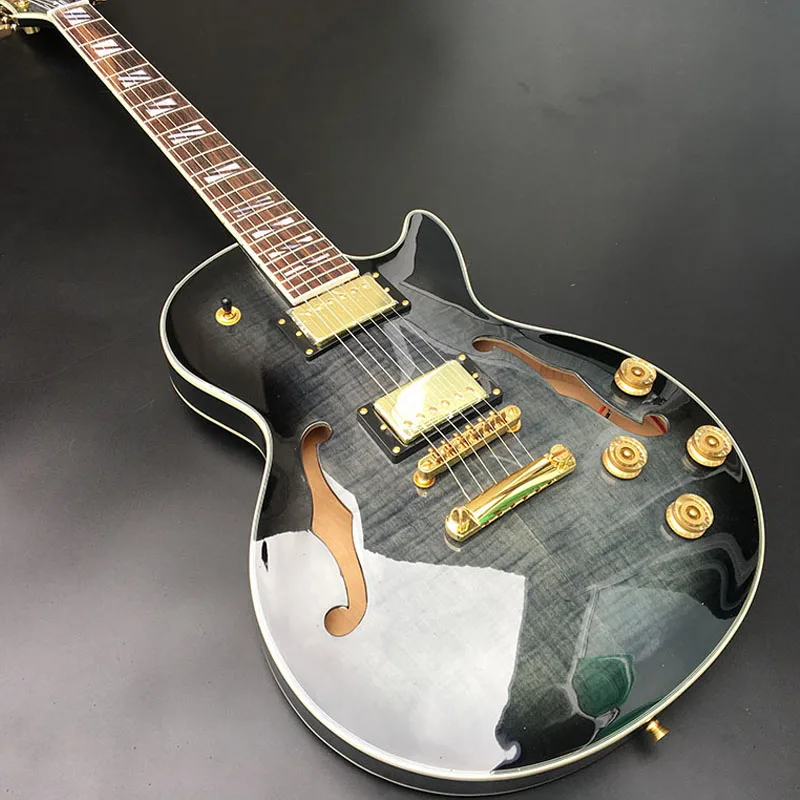 

High-quality 6-string electric guitar, smoke gray striped paint with double F holes, rosewood fingerboard, gold hardware, free s