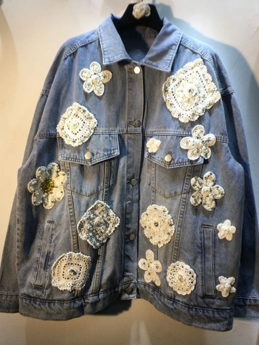 High Quality Exquisite Rhinestone Beaded Crochet Lace Denim Jacket Women Loose Slimming Jean Jacket Coat 2023 New Spring Clothes