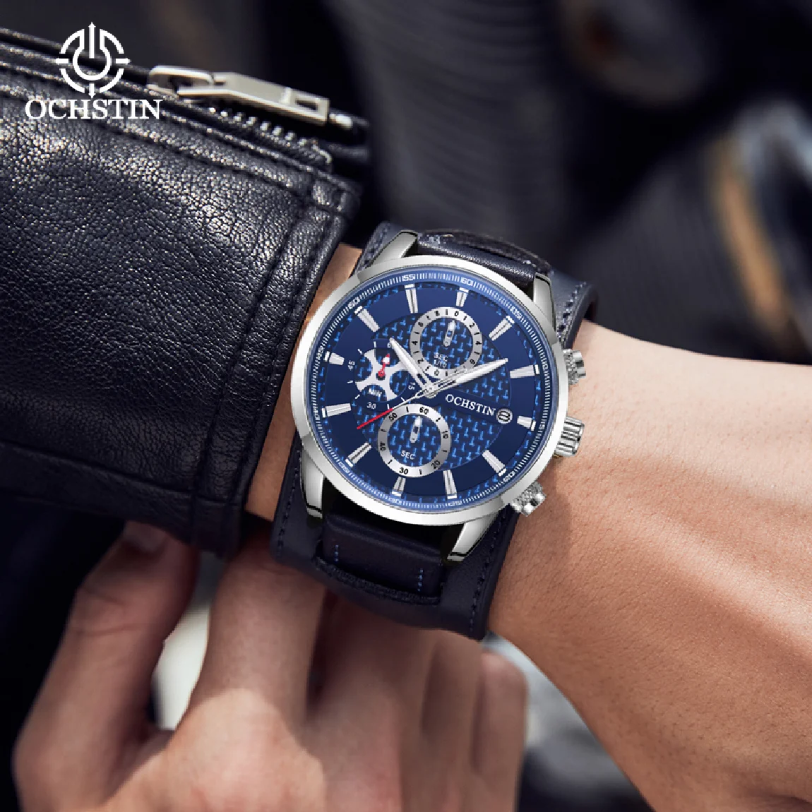 

OCHSTIN Luxury Brand Blue Dial Casual Sport Chronograph Watches for Men Leather Quartz Luminous Wristwatch Creative Design Clock