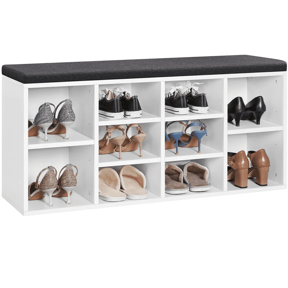 

OIMG 10 Cubbies Shoe Storage Bench, Wood, Foam and Fabric, White