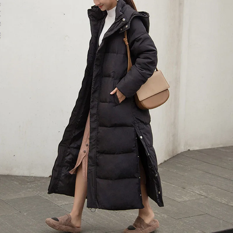 Winter 2023 Fashion New Over-the-knee Long Cotton Jacket Long-sleeved Women's Style Korean Slim Down Cotton Hooded Padded Coat