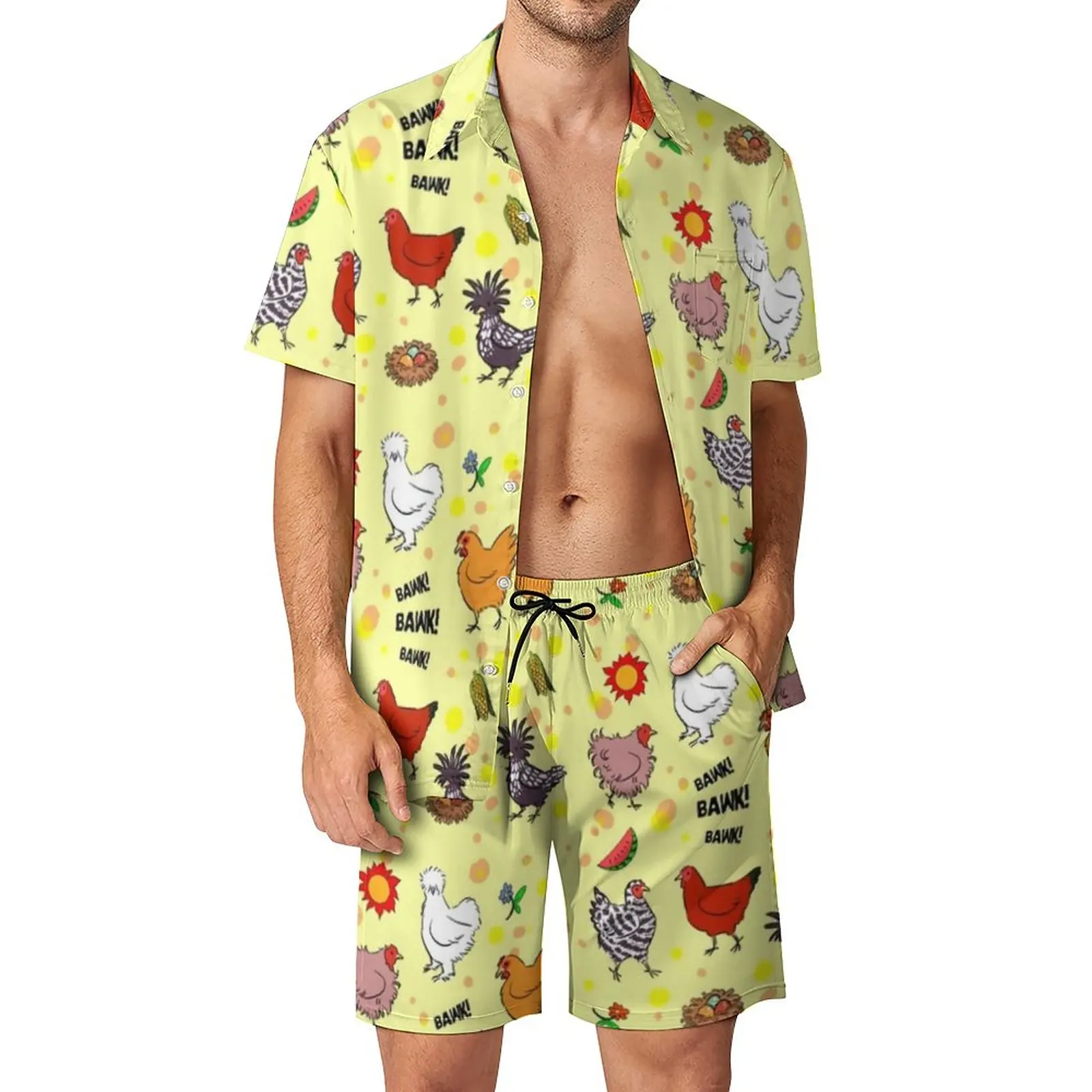 

Chicken Beach Men Sets Animal Casual Shirt Set Summer Design Shorts Two-piece Vintage Suit Big Size
