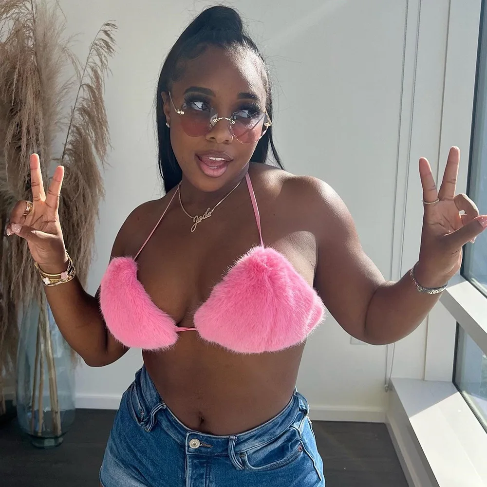

Сексуальные милые женские бандажные розовые меховые укороченные топы Плюшевые Пушистые облегающие топы с лямкой на шее без рукавов Бюстье ...