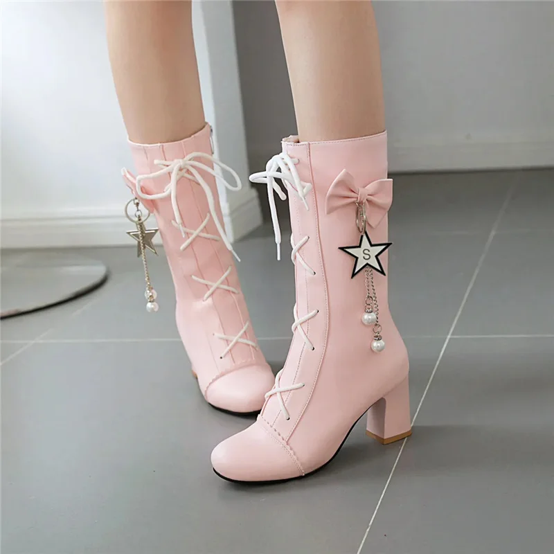 

Pink Fashion Plus Size High Quality Autumn & Winter Lace Up Boots for Women Lady Lolita Comfort Heel Boots Botas Femininas H649