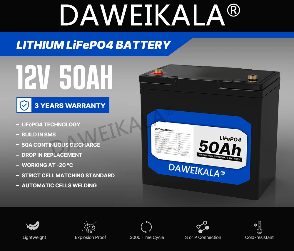 

New LiFePo4 Battery 12V 50Ah Lithium Iron Phosphate 12V 24V LiFePo4 Rechargeable Batteries for Kid Scooters Boat Motor No Tax