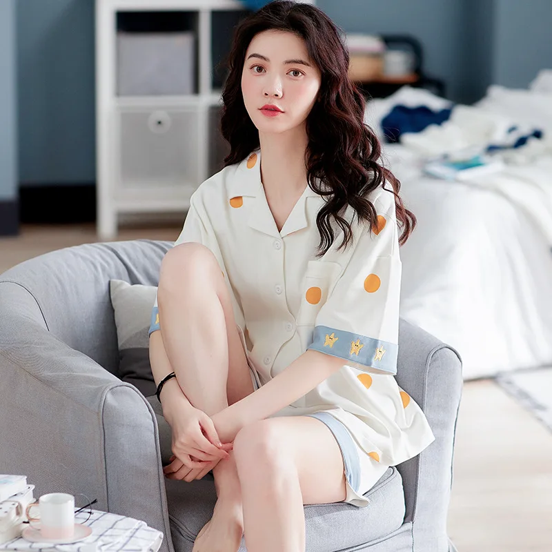 Two-piece Women Home Clothes Summer Pajamas Women's Home Wear Lapel V-neck Short-sleeve Shorts Nightwear Pijama Mujer Plus Size