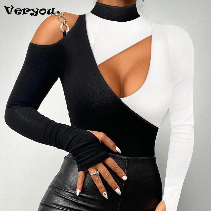 

2022 Autumn Women Sexy Blouse Shirt Daily Wear Colorblock Cold Shoulder Cutout Long Sleeve Shirt Skinny Casual Top
