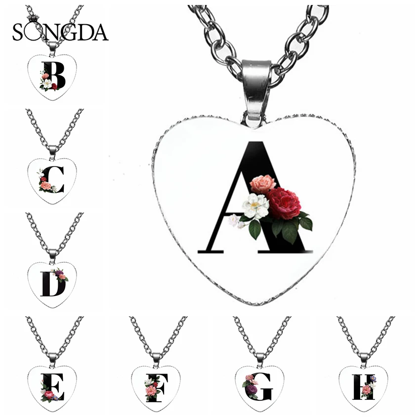 

Trend A-Z Initial Letter Heart Pendant Necklaces Fashion Flowers Glass Cabochon Necklace for Women Man Jewelry Accessories Gifts