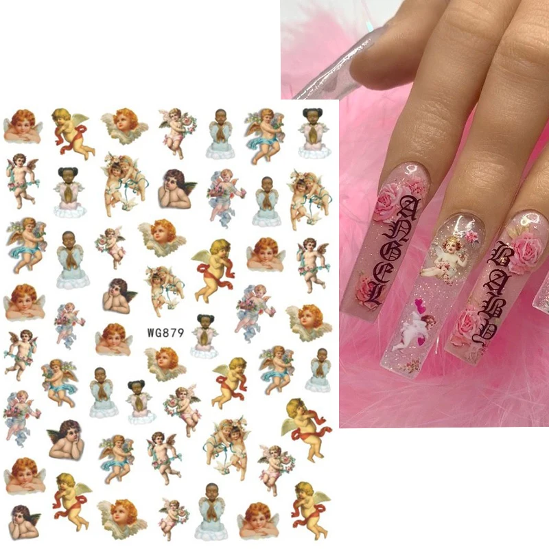 

Наклейки для ногтей с изображением ангела и цветов, наклейки для ногтей, самоклеящиеся наклейки для ногтей, украшения для дизайна ногтей, об...