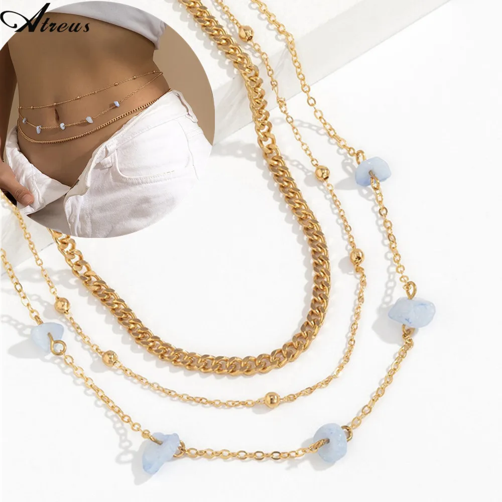 

Thick Cuba Link Chains For Women Waist Chains Layered Ethnic Irregular Imitation Crystal Stone Beaded Belly Chain Gold Plated
