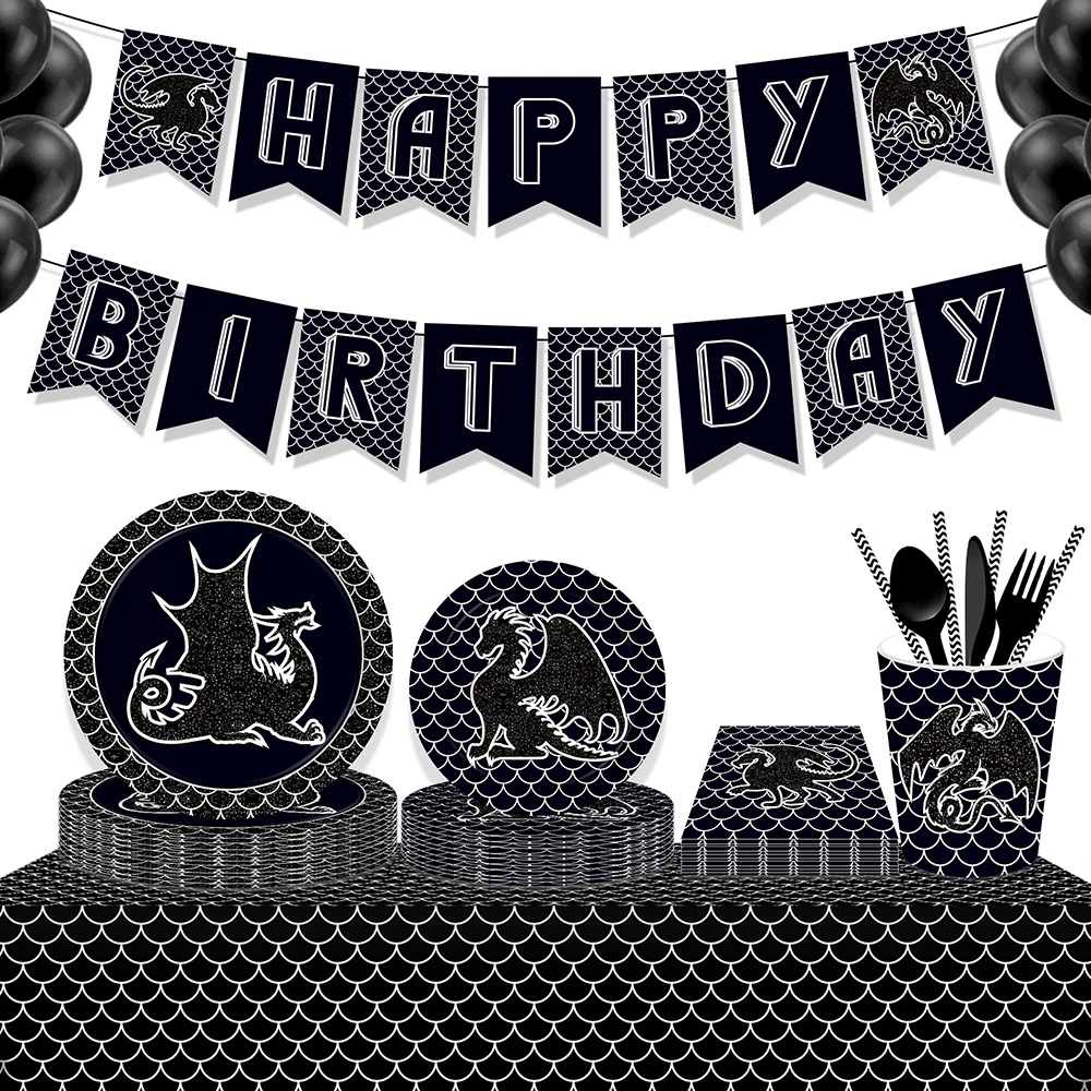 

Cartoon Dinosaur Black Dragon Birthday Party Disposable Tableware Sets Plates Tablecovers Balloon Baby Shower Party Decorations