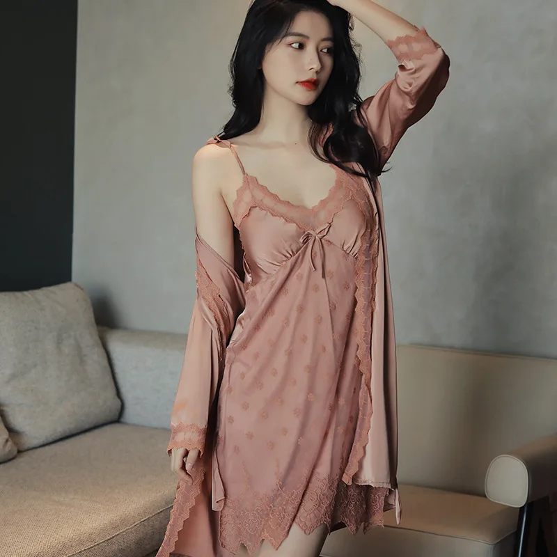 

New lace long sleeve thin section fun camisole Nightdress 2 piece suit sexy sleepwear with chest pad Women's pajamas nightgown