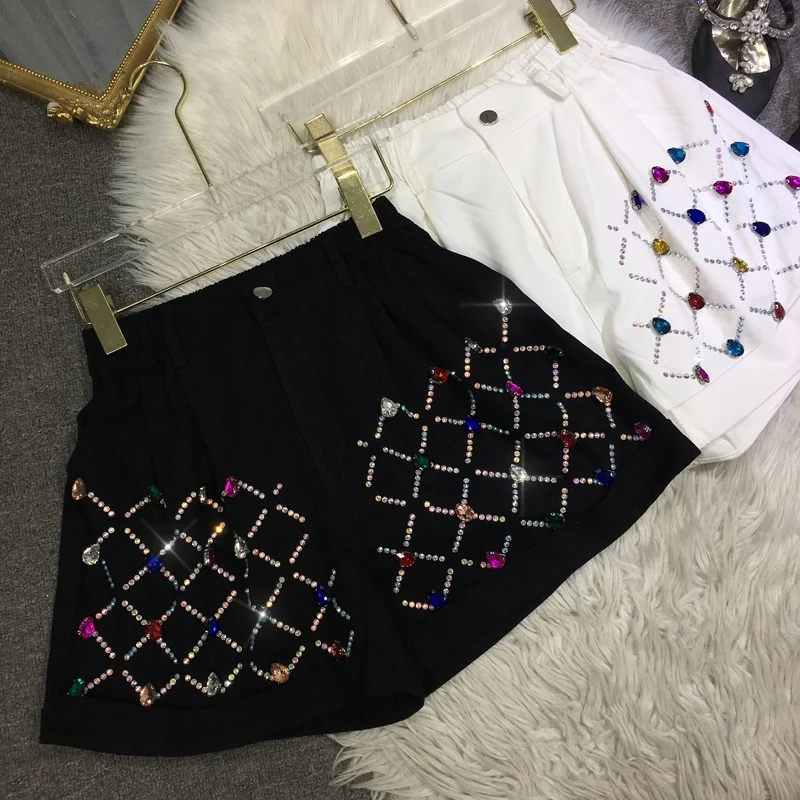 

Женские джинсовые шорты с широкими штанинами, модные Универсальные шорты из денима с высокой талией, расшитые цветными драгоценными камнями и бусинами, Новинка лета 2023