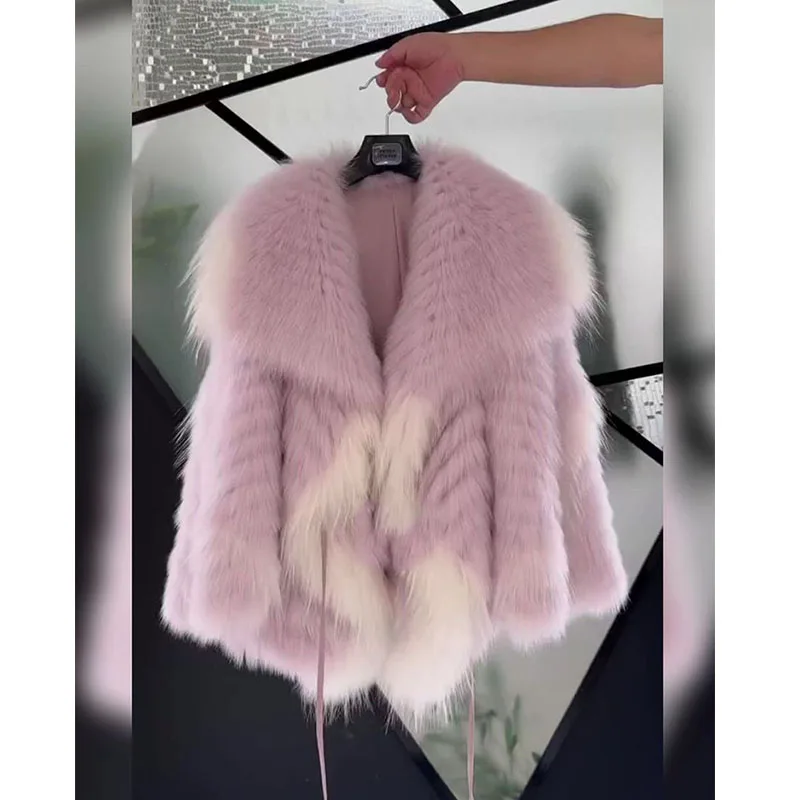 2022 New Beautiful Winter Clothes Woman Popular White Faux Fur Coats High-End Color Contrast Long Sleeve Furry Jacket for Women