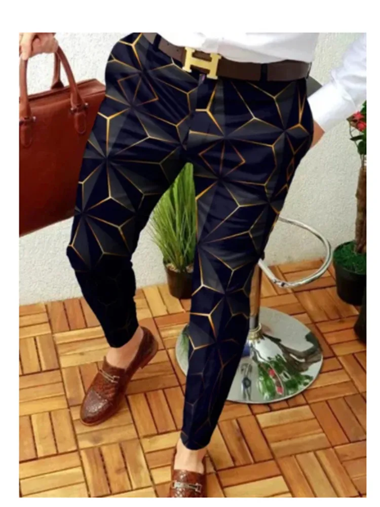 

2022 NEW Men Business Casual Trousers Golden Geometry Pattern Print Straight Long Pants Mens Spring Autumn Fashion Streetwear