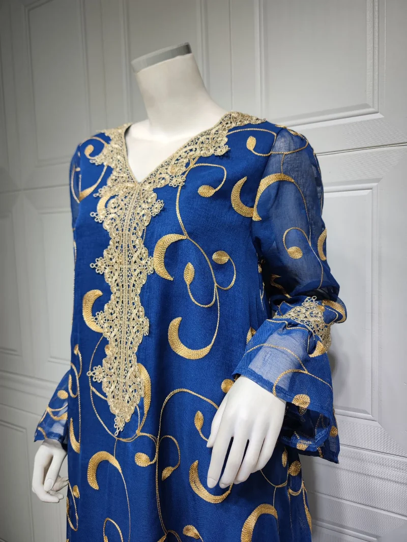 Islam Abaya Dress Blue Mesh Embroidery Abayas for Women Flare Cuffs Large Dress Evening Dress for Europe and America