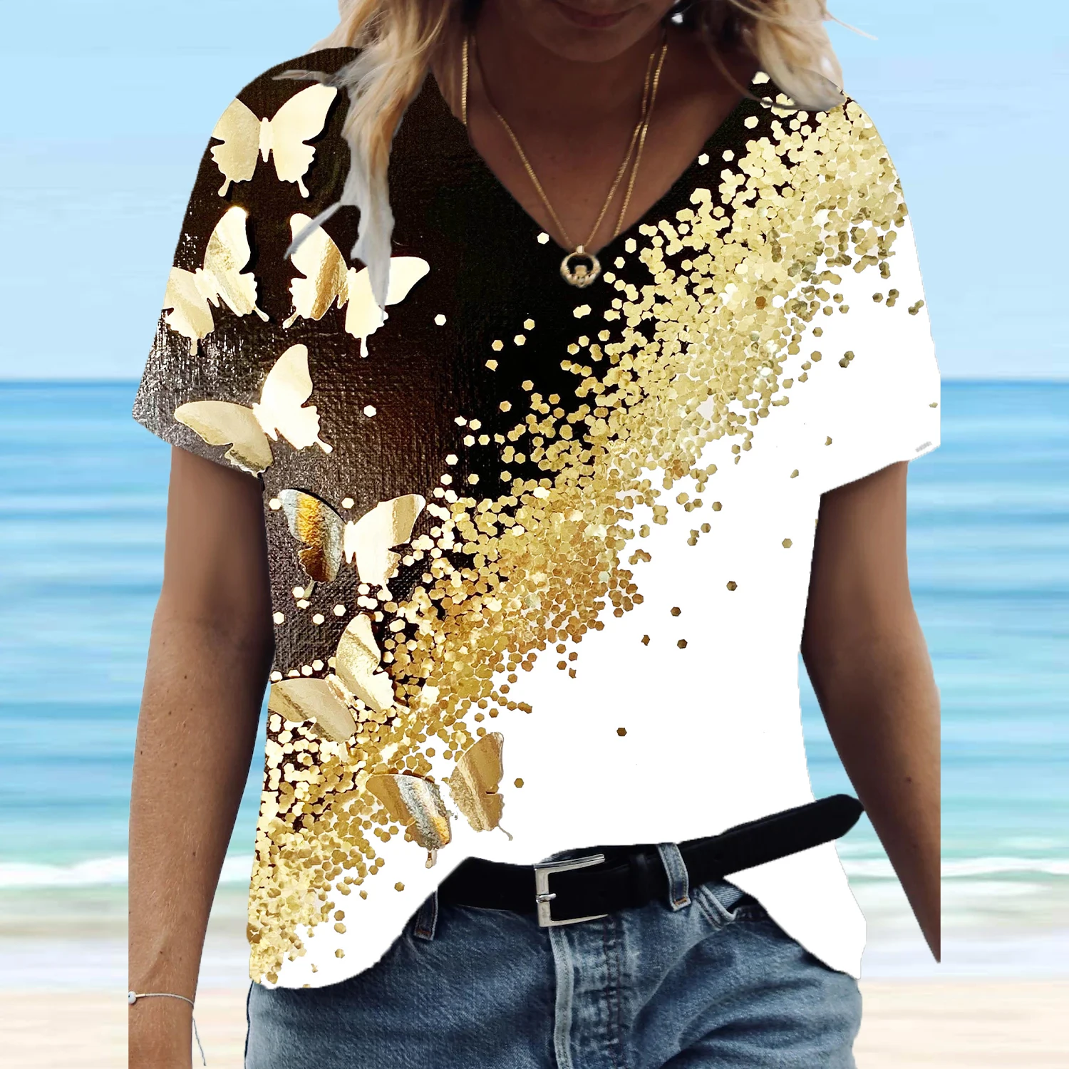 

2022 Summer Women Casual Butterfly Print Loose V-Neck Pullover Short Sleeve Home Tops Tee Oversized T Shirt Harajuku Y2k Clothes