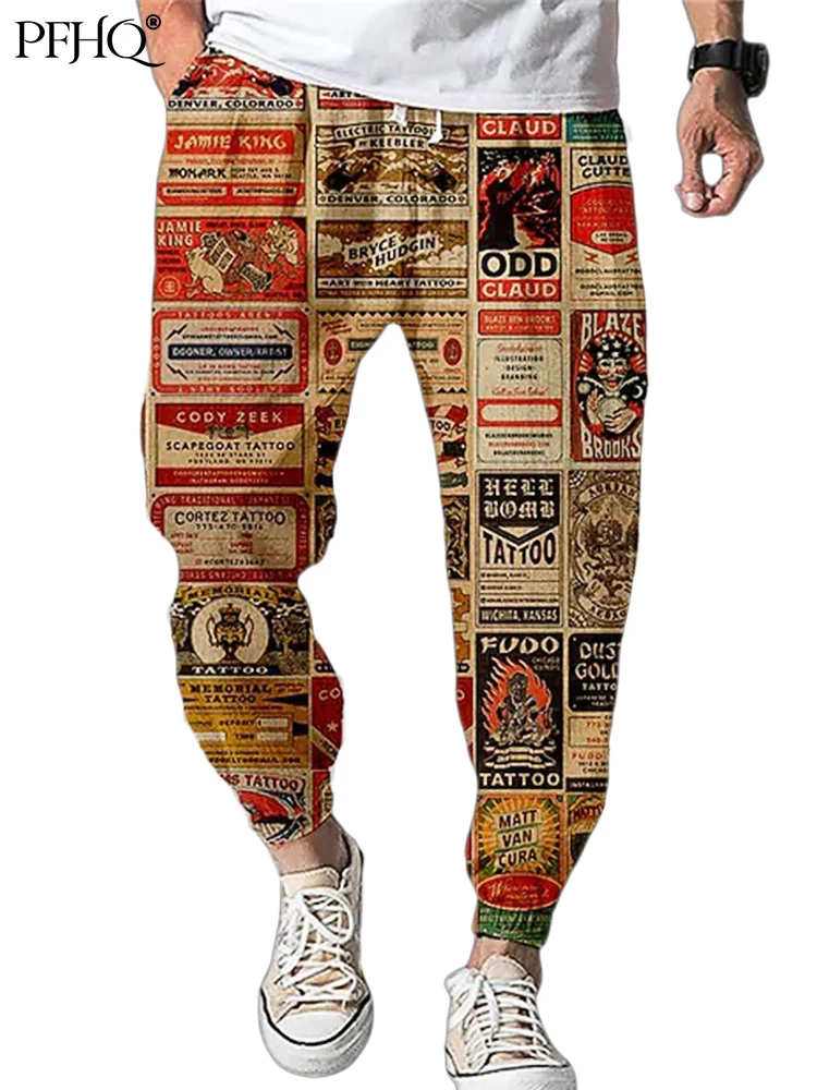 

PFHQ 6XL 2022 мужские стильные льняные штаны для бега с эластичными штанинами Весна-Осень Свободные повседневные индивидуальные шаровары с прин...