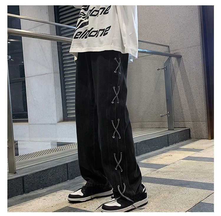 Streetwear Y2k Jeans Pants Lace Up Baggy Black Jeans Man Pants Designer Clothes Side Split 2023 Korean Fashion New