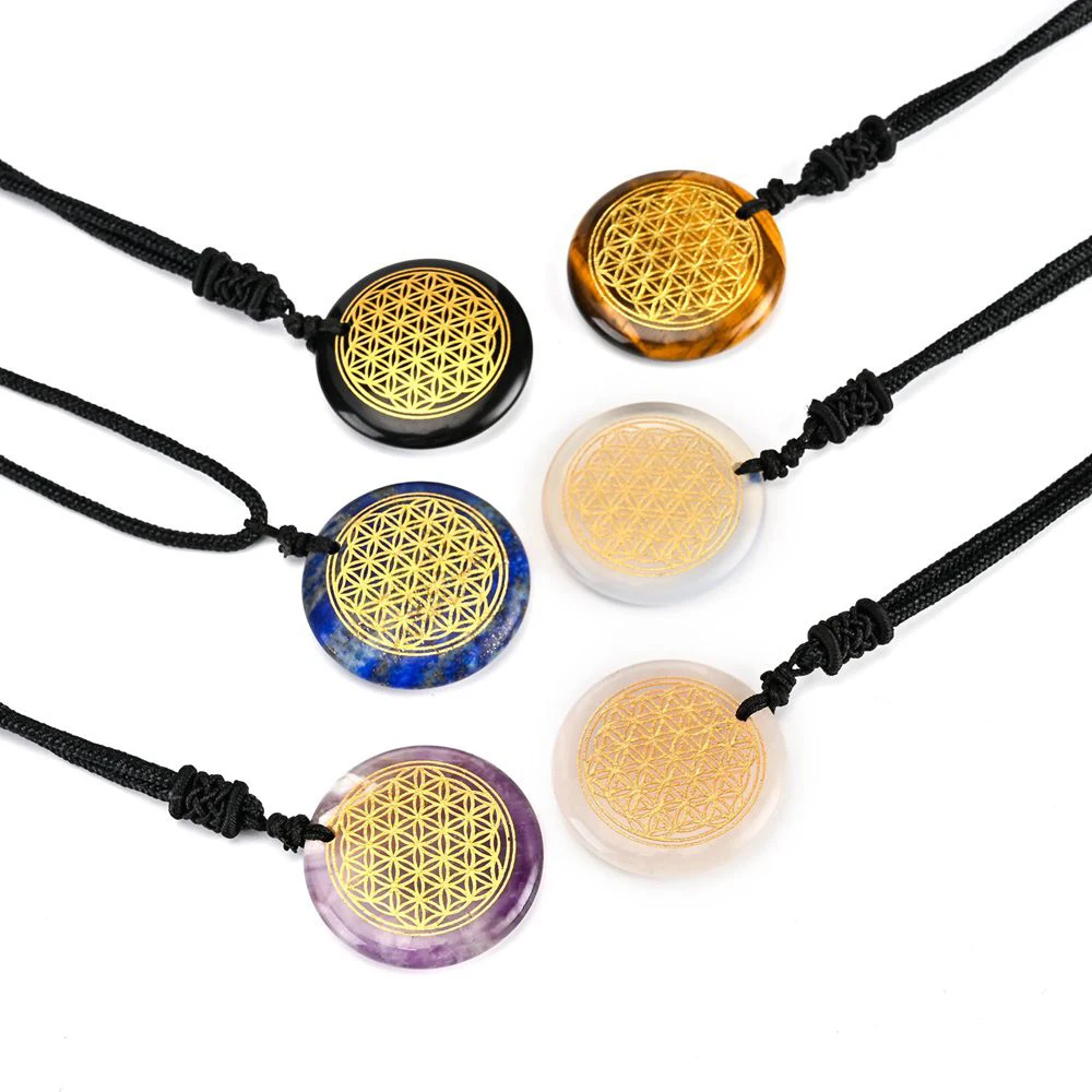 

Natural Stone Fashion Charm Pendant Handmade Carve Flower of Life Reiki Necklace Amethyst Rose Quartz Healing Crystal Jewelry