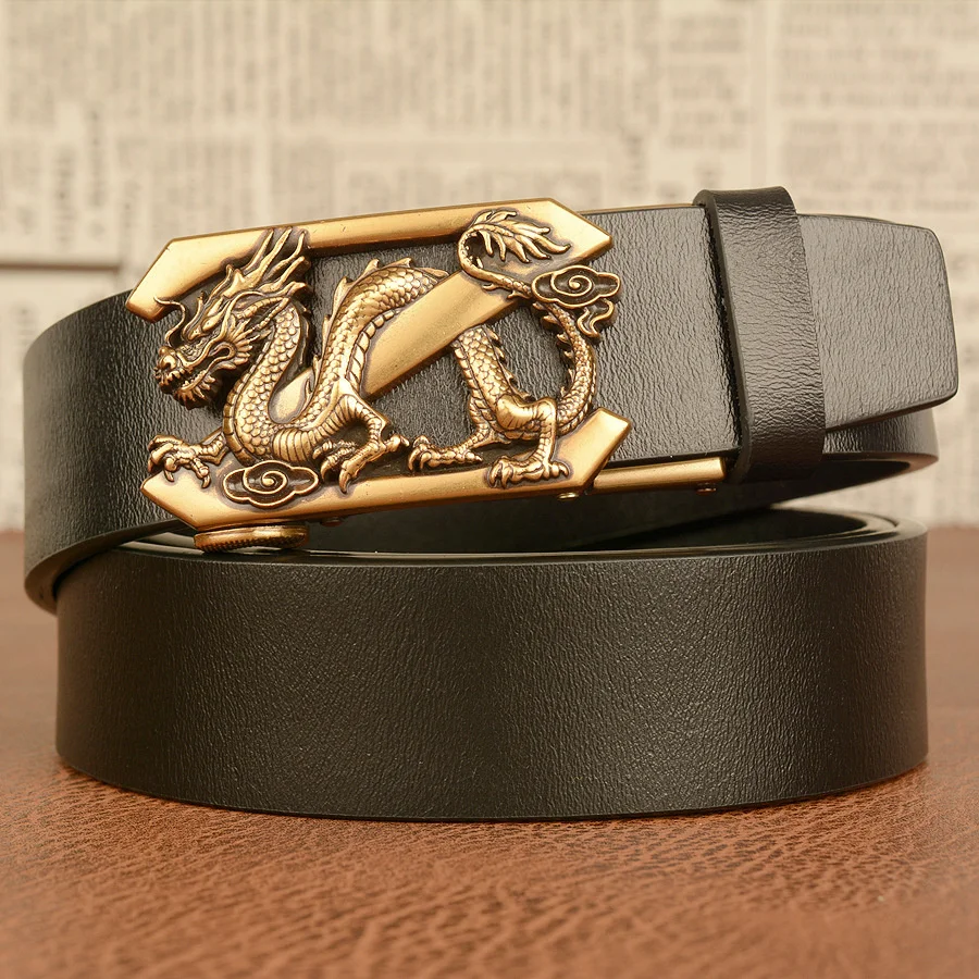 3.5cm Fashion Embossing Retro Male Belts For Men Business Cowhide Genuine Leather Belt Dragon Pattern Automatic Buckle Strap