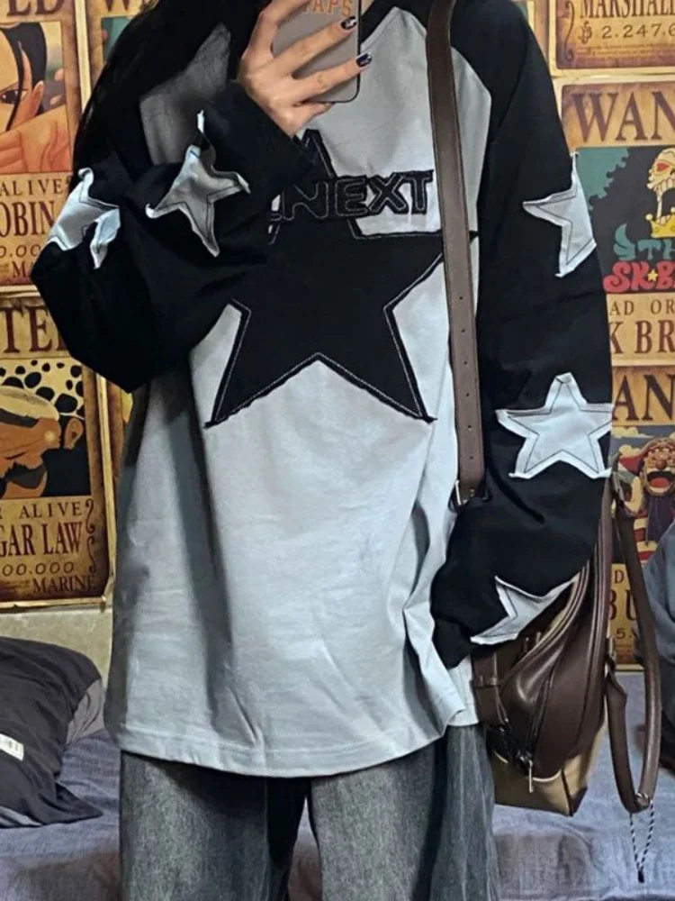 

Deeptown Harajuku Star Graphic T Shirts Women Vintage Kpop Oversized Patchwork Tees Grunge Casual Long Sleeve Tops Y2K Aesthetic