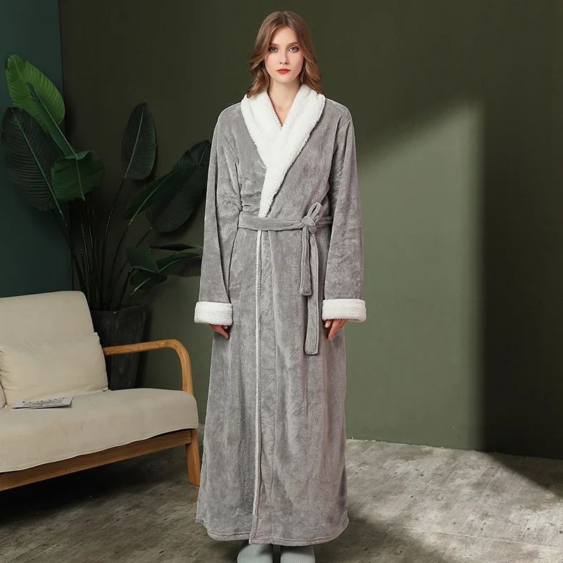 Autumn winter ins simple extended pocket flannel Nightgown women's thickened large coral velvet bathrobe men's