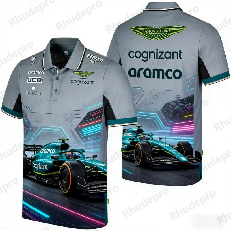 Фото Футболка-поло с тематикой гонок команды Aston Martin F1, мужская спортивная повседневная футболка с воротником, сувенирная футболка для фанатов №1