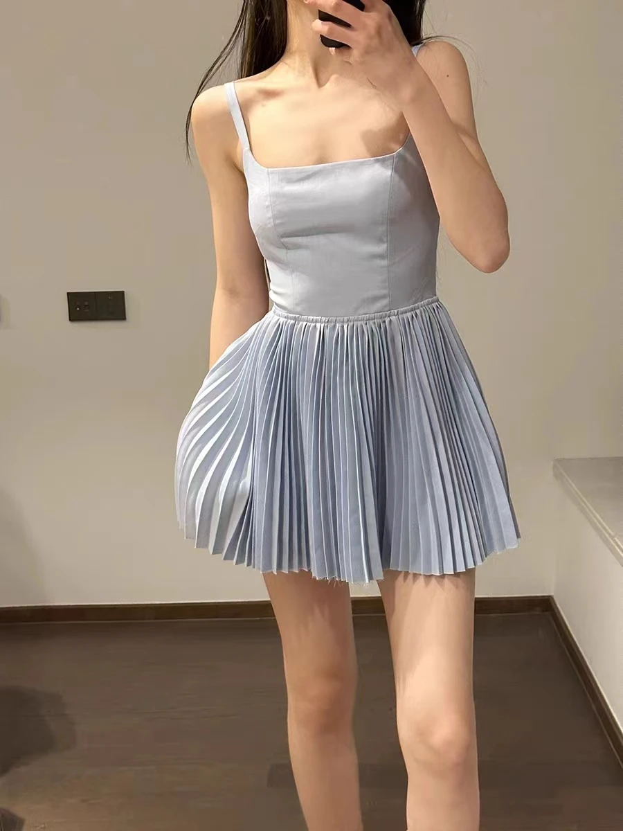 

Women's Sweet Ballet Sleeveless Pleated Mini Dress Lady Summer Streetwear Solid Color Slim Holiday Sundress