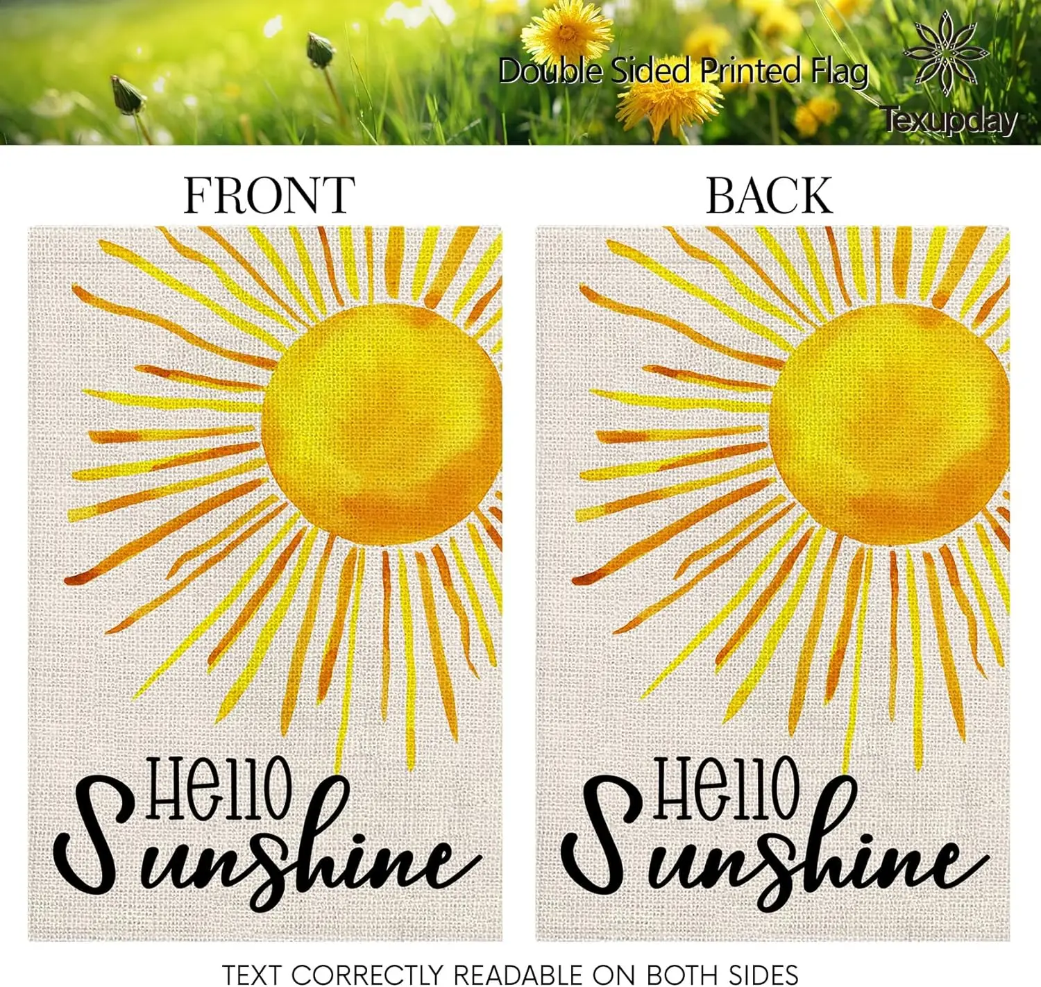 Фото Флаг для сада Texupday Hello Sunshine, двусторонний, вертикальный, из мешковины, в деревенском стиле, для праздников, вечеринок, улицы, двора, весна-лето №4