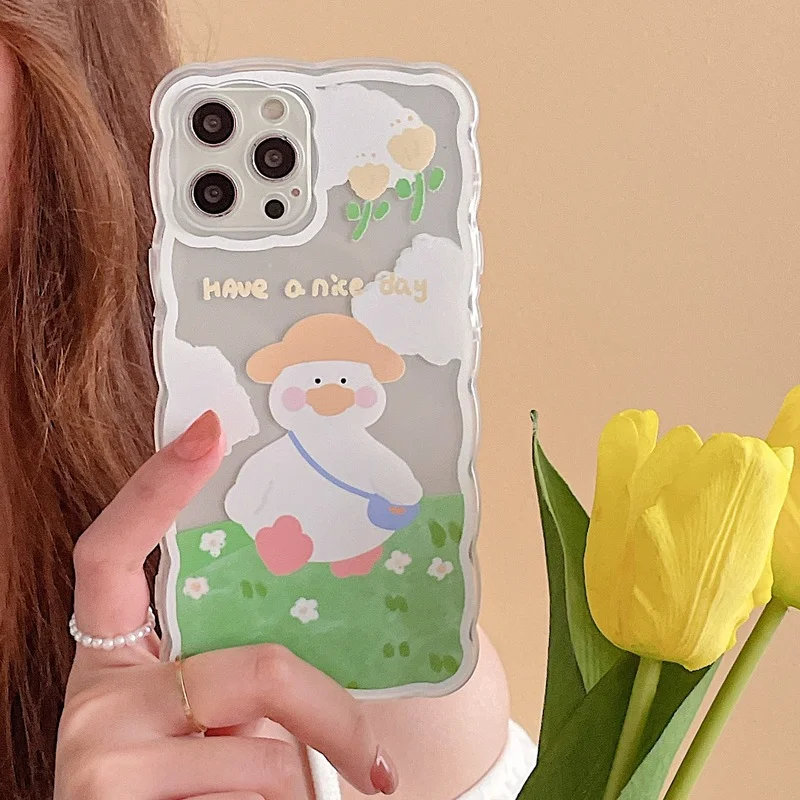

Cute Duck Cartoon Shockproof Wavy Phone Case For iPhone 13 12 Pro MAX 11 X XS MAX XR 7 8 Plus SE Soft Silicone Full Protective