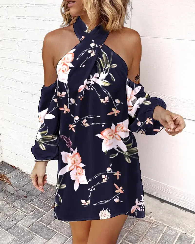 

Woman Chic Printed Cold Shoulder Lantern Sleeve Casual Mini Vacation Dress