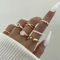 stillgirl 7pcs boho pearl gold rings for women kpop cute flower cross geometric set y2k za female vintage jewelry anillos mujer