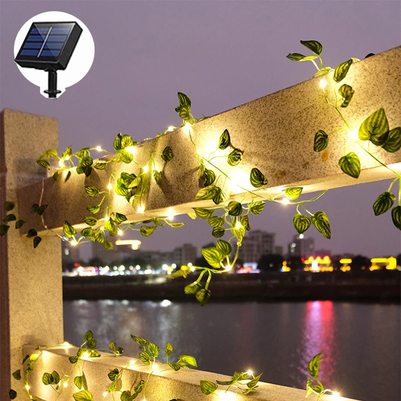 

Solar Plant String Lights LED Outdoor Waterproof Artificial Vine Christmas Garland Plant Lamp Maple Leaf Green Rattan String