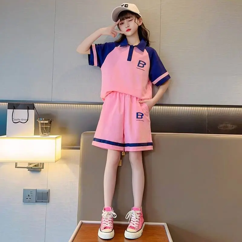 

Teenager Summer Girls Clothes Casual Street Suit Polo Shirt Top Letter Print T-shirt+Short Pants 2PCS Sets 7 9 10 12 14 15 Year