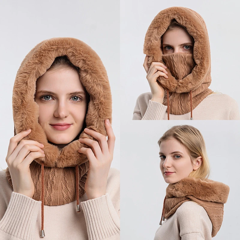 Winter Fur Cap Mask Set Hooded For Women Knitted Cashmere Neck Warm Russia Outdoor Ski Windproof Hat Thick Plush Fluffy Beanies