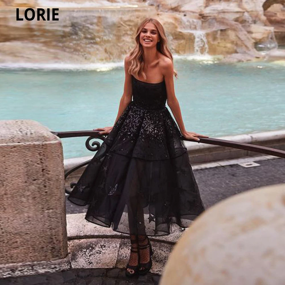 

LORIE Unique Black Tulle Prom Dresses Off The Shoulder Beadings Tea Length Formal Party Dresses Women Boho Vestidos De Noche
