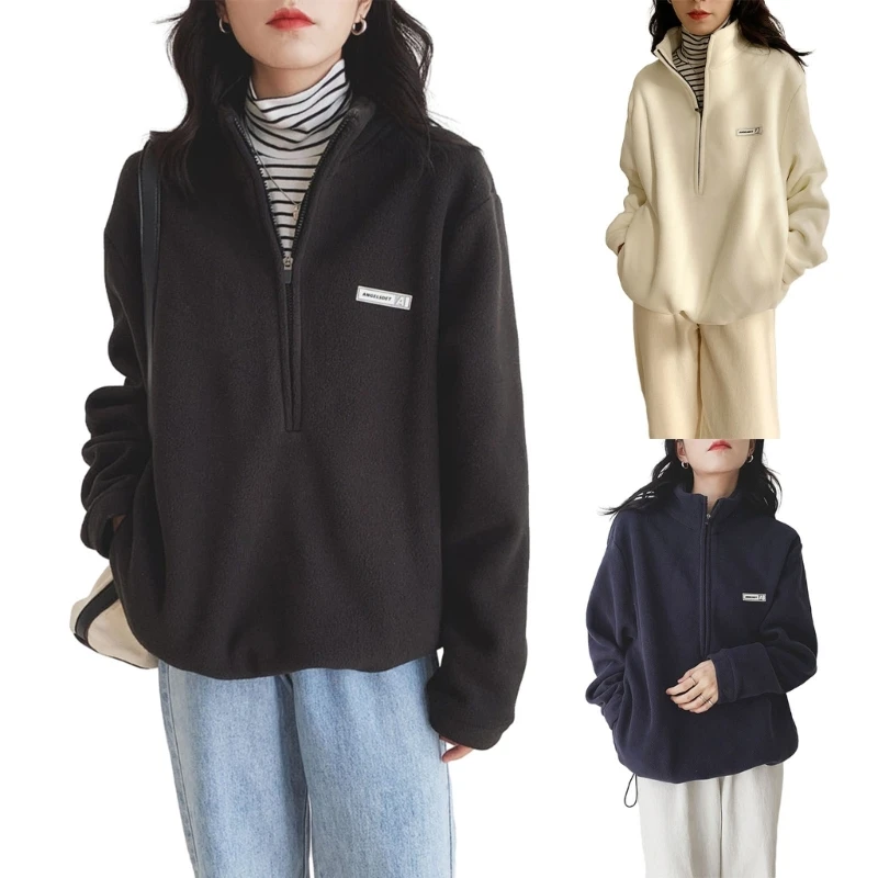 

95AB женские повседневные пуловеры с воротником-стойкой и половиной молнии, флисовые толстовки с длинными рукавами, повседневные