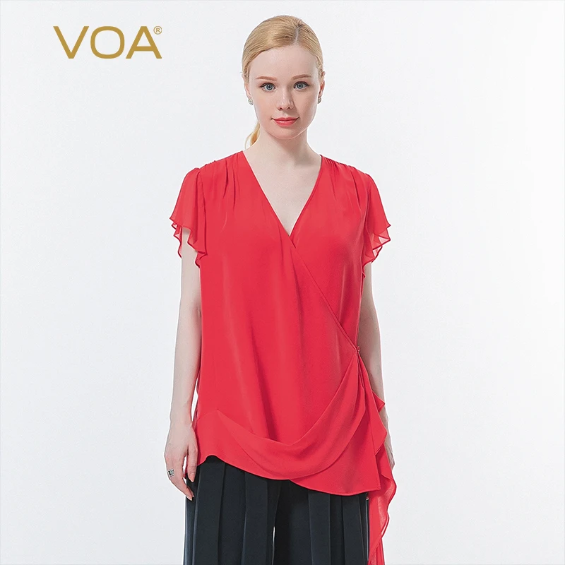 

(Clearance Sale) VOA Silk Red V-neck Short Sleeve Tops Women Asymmetric Georgette Stitching Elegant Party Woman Tshirts BE669